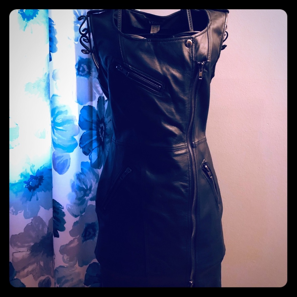 Black faux leather zipper dress